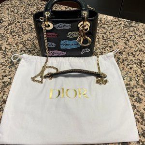 Christian Dior Mini Lady Dior Satchel Purse - Black Leather Gold and Sequins